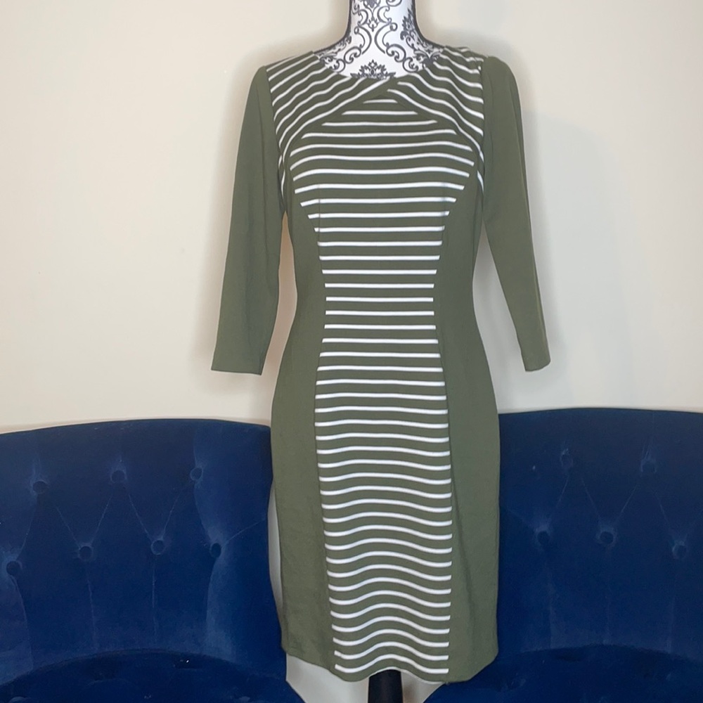Antonio Melani olive green and white striped dress